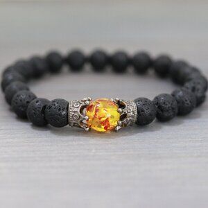 Orange Red Gemstone with Crown Charm Black Matte Lava Beads Adjustable Bracelet